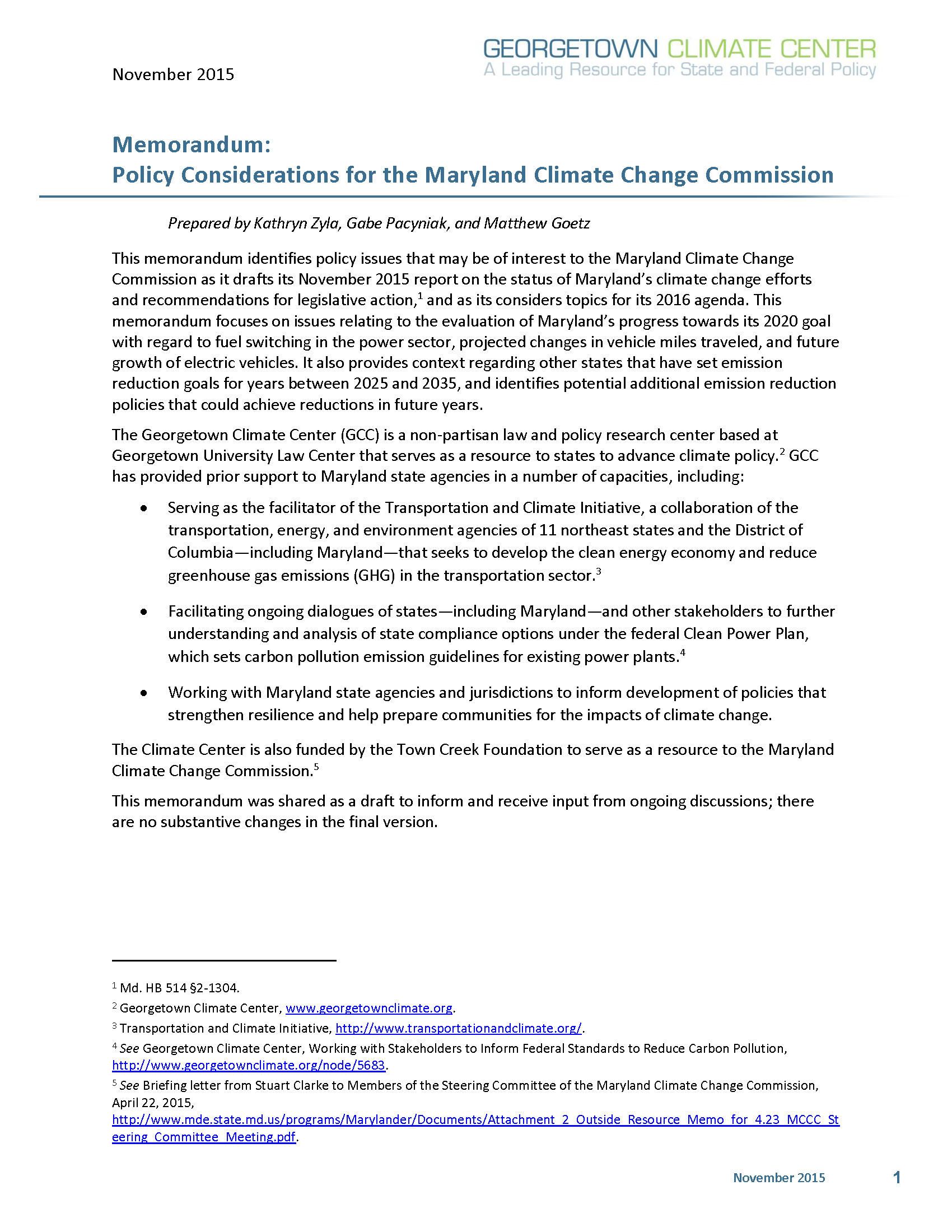 Memorandum: Policy Considerations for the Maryland Climate Change Commission